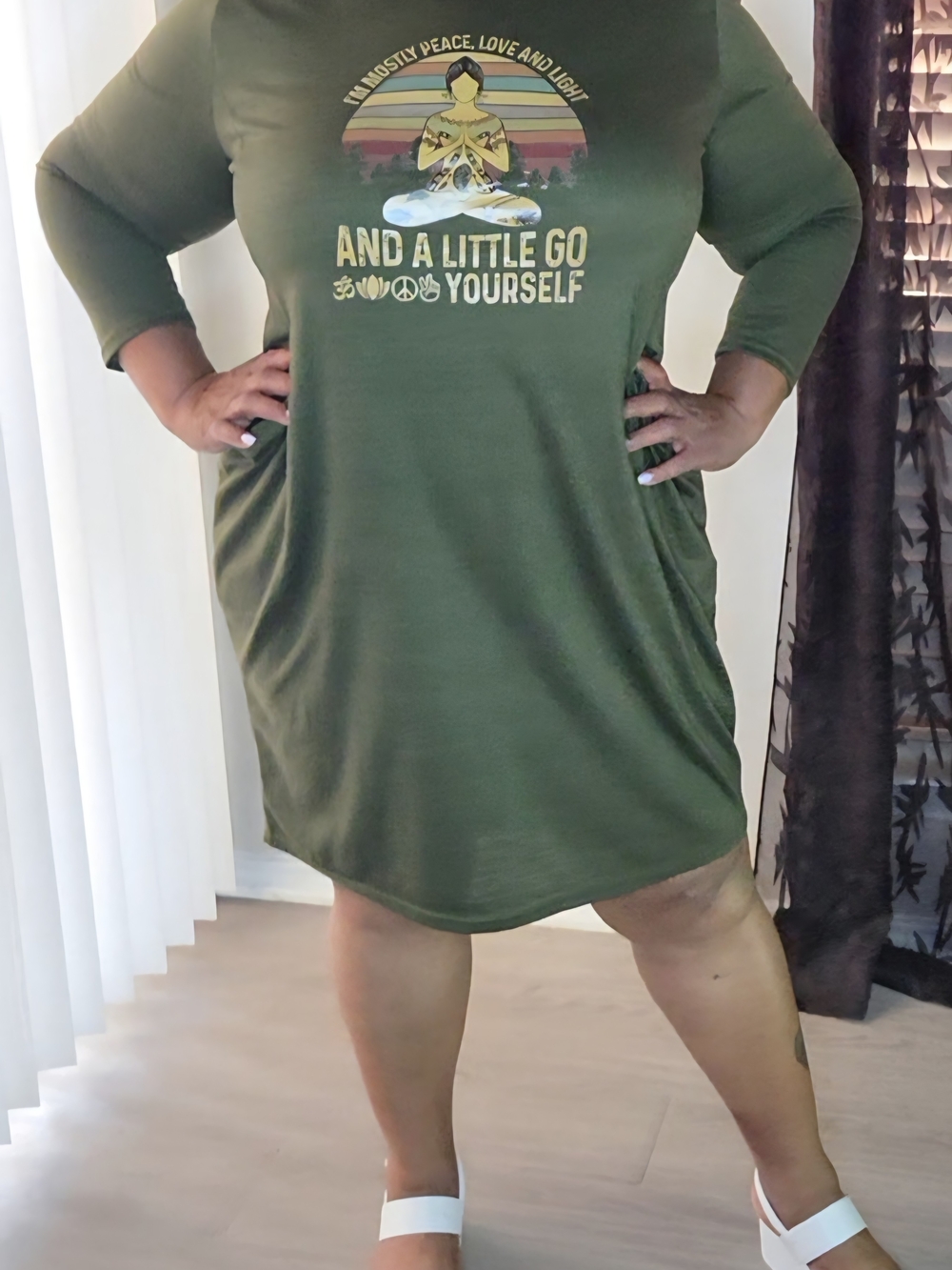 Olive Green Casual Graphic-T Dress w/Pockets